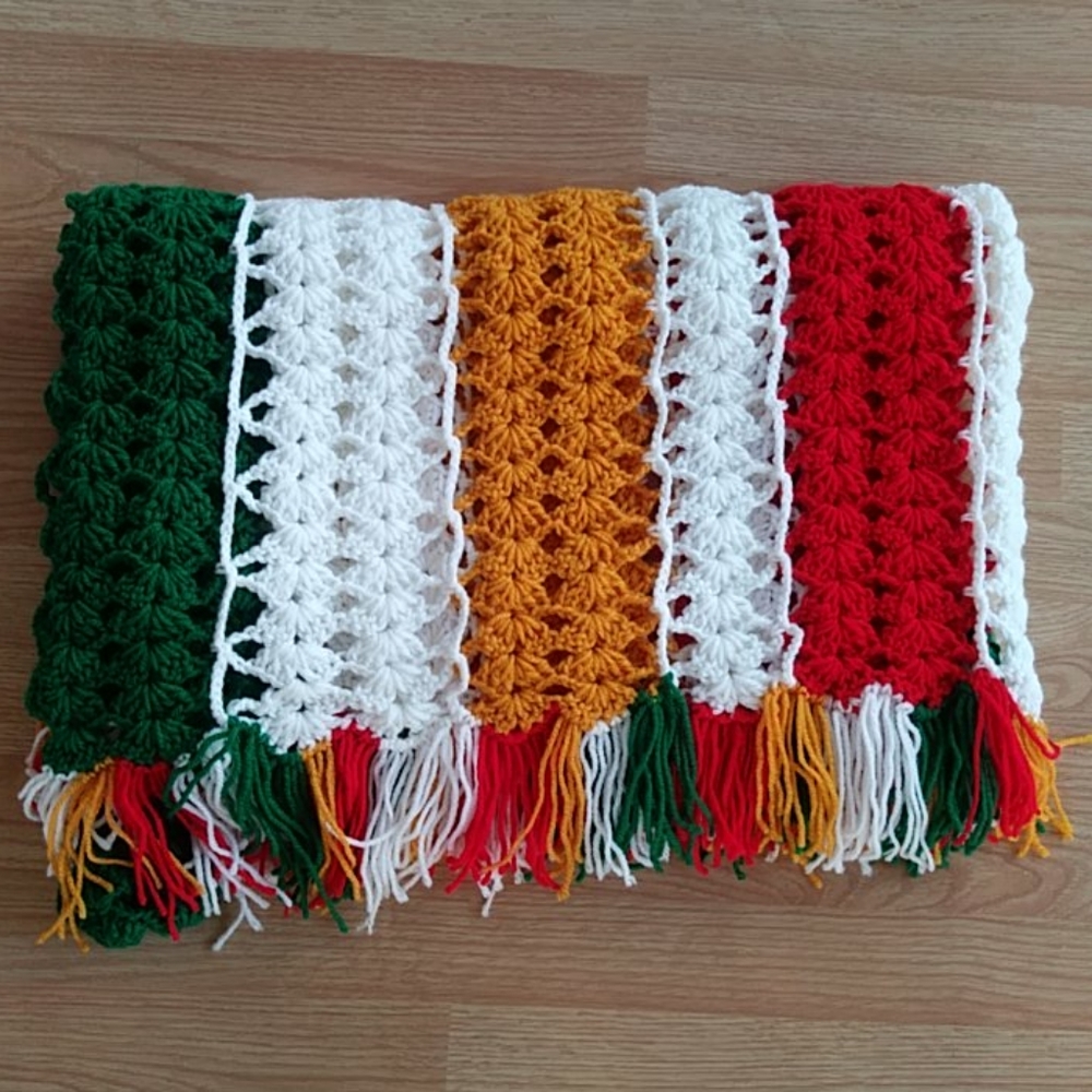 Homemade Crocheted Christmas Afghan Blanket with Fringe